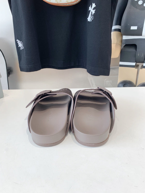 BIRKENSTOCK SLIPPERS ATTACHED RHINESTONES IN BROWN CALFSKIN