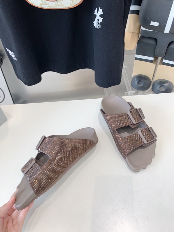 BIRKENSTOCK SLIPPERS ATTACHED RHINESTONES IN BROWN CALFSKIN