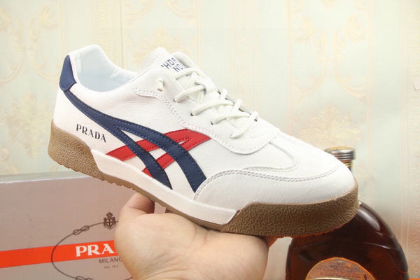 PRA SNEAKER IN WHITE CALFSKIN WITH NAVY BLUE AND RED STRIPED