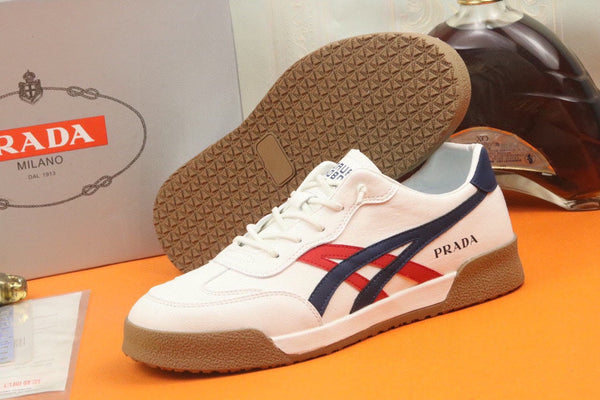 PRA SNEAKER IN WHITE CALFSKIN WITH NAVY BLUE AND RED STRIPED