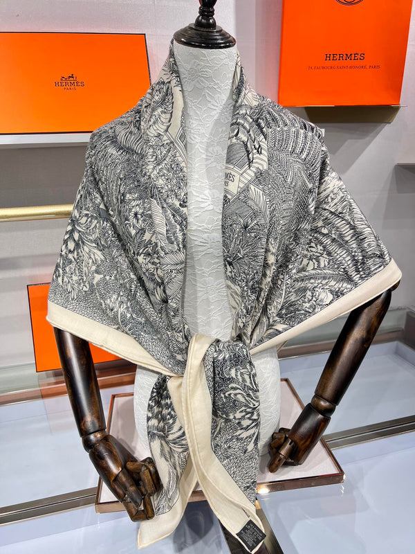 Faubourg Tropical Scarf 135 CM Black White Cashmere And Silk