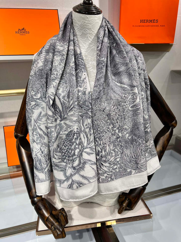 Scarf 135 CM Grey White Cashmere And Silk