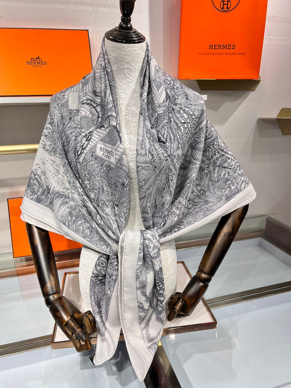 Faubourg Tropical Scarf 135 CM Grey White Cashmere And Silk