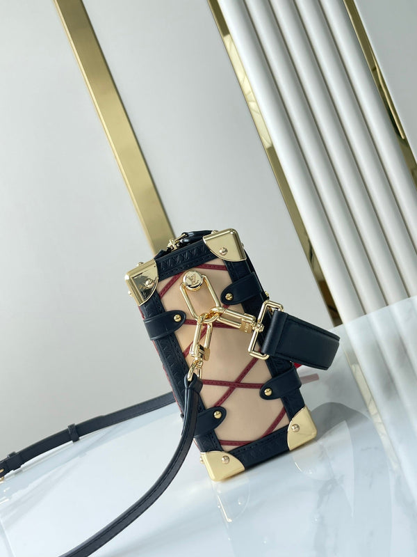 BAULE LATERALE 21 IN PELLE DI AGNELLO BEIGE ROSSA CON MOTIVO INCROCIATO E FERRAMENTA ORO