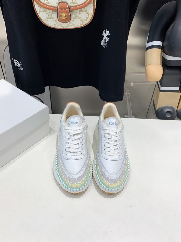 CHLOÉ NAMA SNEAKER 5 CM IN WHITE MIX GREEN CALFSKIN
