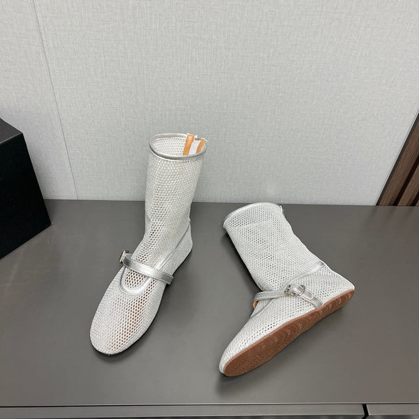 ALAIA SHORT BOOTS IN SILVER MESH FISHNET