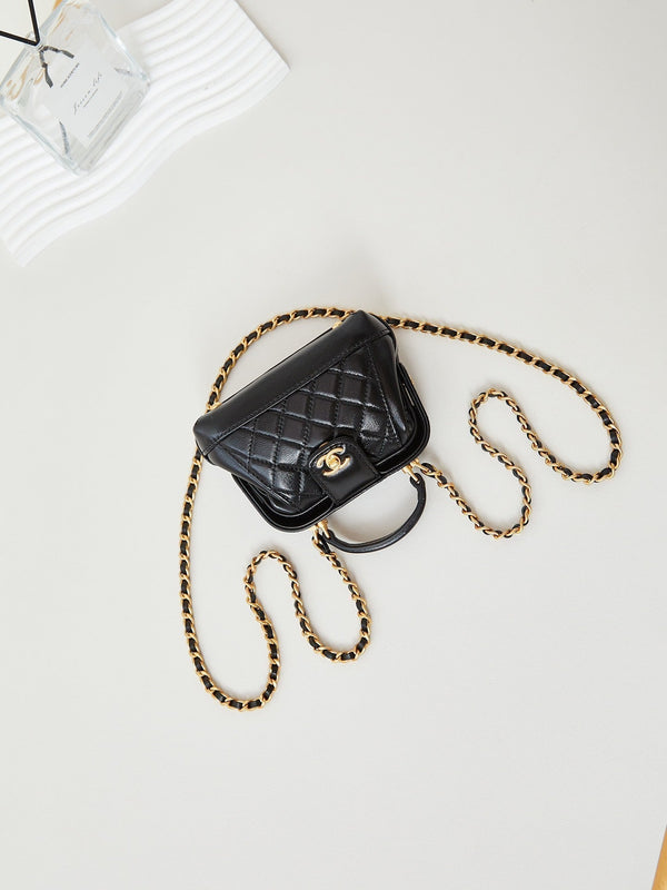 CC 24A Mini Top Handle 13cm Black Wax Leather Gold Hardware 238455