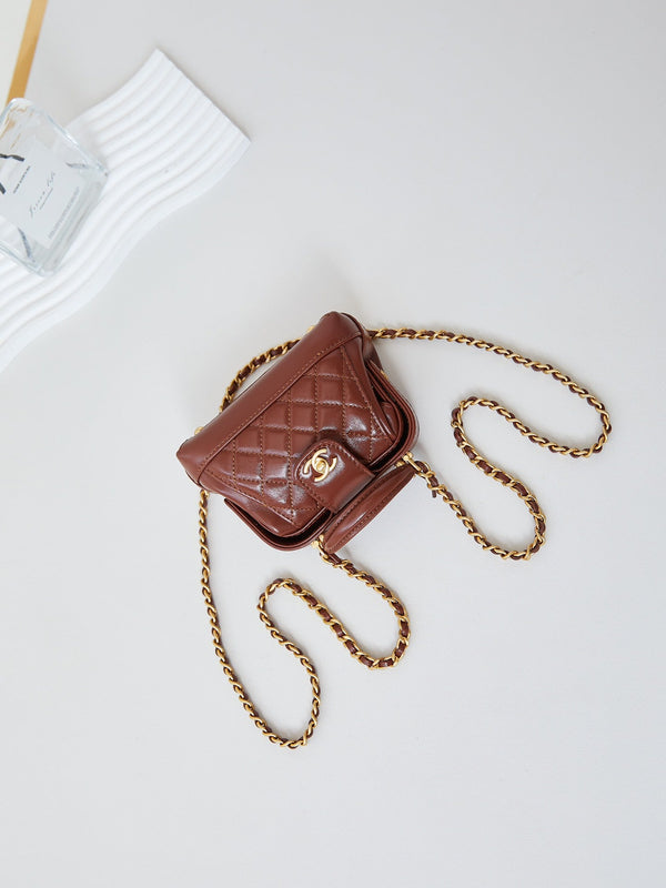 CC 24A Mini Top Handle 13cm Brown Wax Leather Gold Hardware 238463