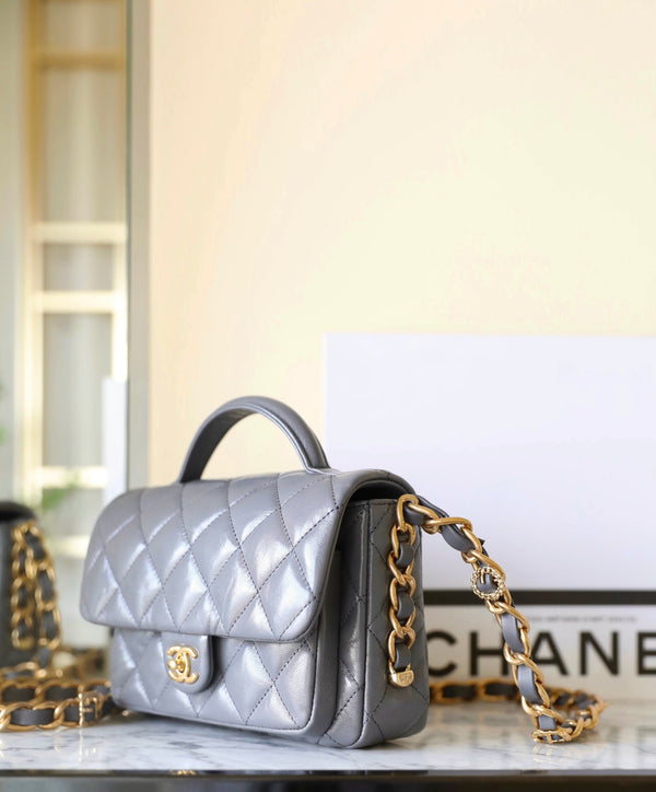 cc 24a flap bag 20cm top handle grey lambskin gold hardware