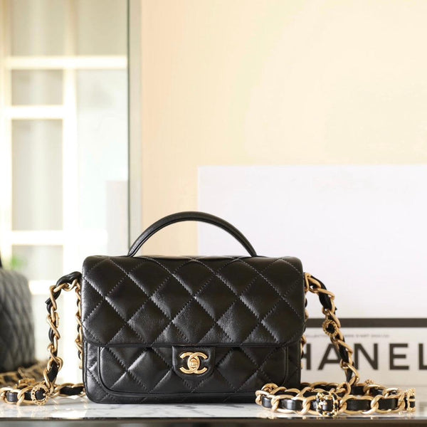 cc 24a flap bag 20cm top handle black lambskin gold hardware