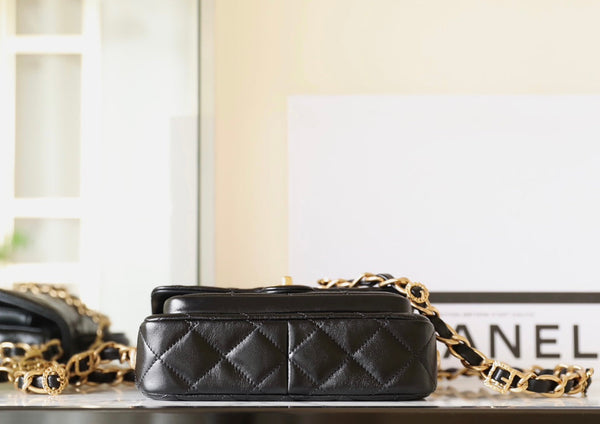 cc 24a flap bag 20cm top handle black  lambskin gold hardware