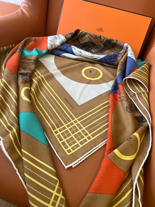 Square Scarf 140 CM In Brown Colorful Cashmere And Silk 327523