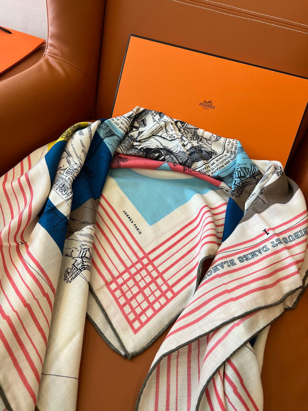 Square Scarf 140 CM In White Pink Colorful Cashmere And Silk 327520