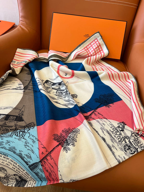 Square Scarf 140 CM In White Pink Colorful Cashmere And Silk 327520