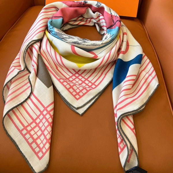 Square Scarf 140 CM In White Pink Colorful Cashmere And Silk 327520