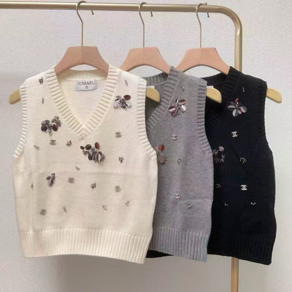 CC Sequined ribbed V-neck knitted vest