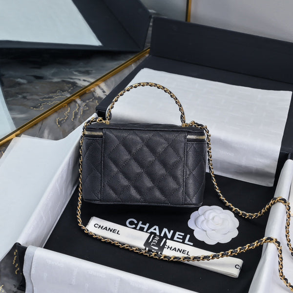 CC 24A Vanity Top Handle 16cm Black Grained Calfskin Gold Hardware