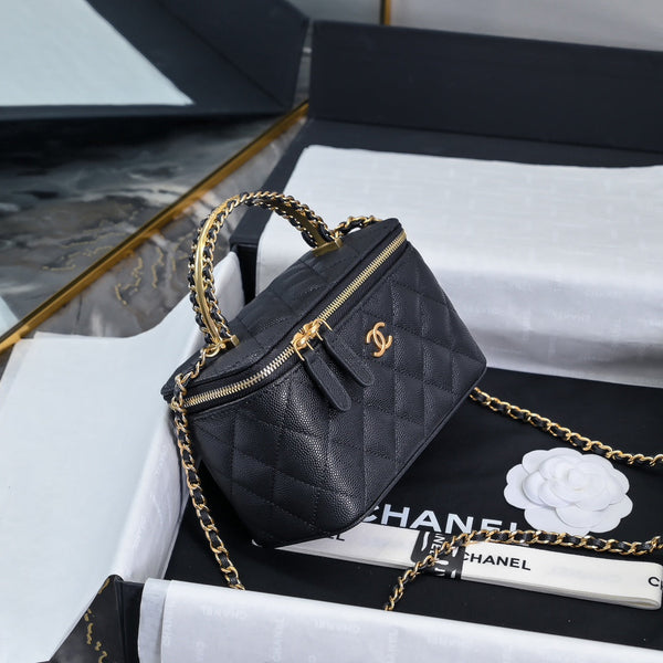 CC 24A Vanity Top Handle 16cm Black Grained Calfskin Gold Hardware