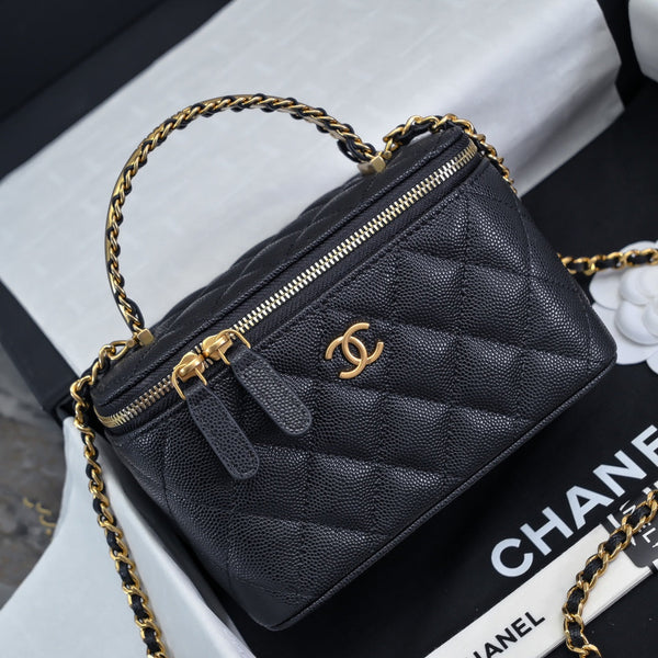 CC 24A Vanity Top Handle 16cm Black Grained Calfskin Gold Hardware