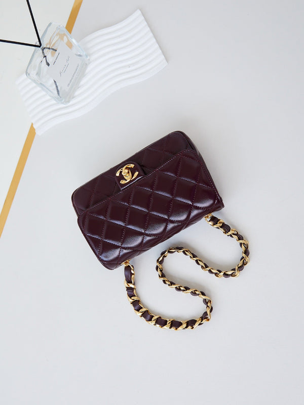 CC 24B Mini Flap Bag 20cm Burgundy Lambskin Gold Hardware