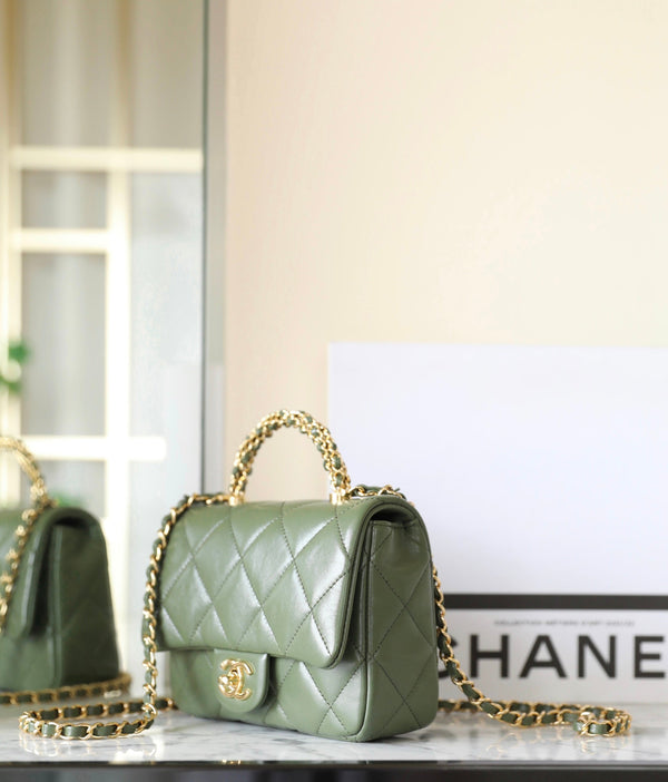 24b mini flap bag 19cm top handle green lambskin