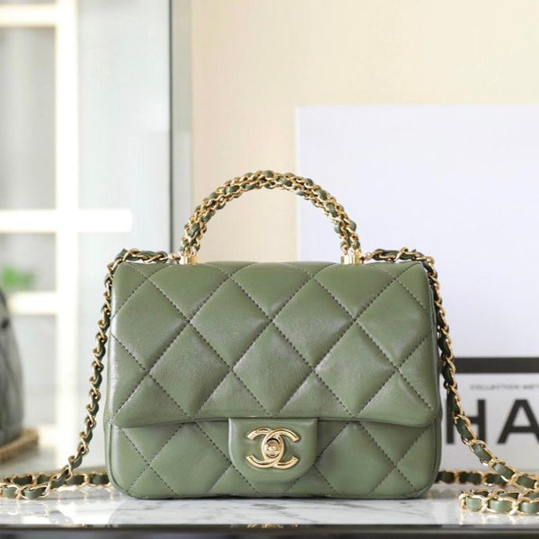 24b mini flap bag 19cm top handle green lambskin