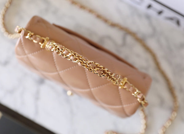 24b mini flap bag 19cm top handle beige lambskin