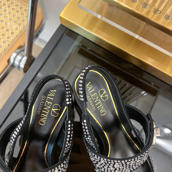 MARY-JANE VLOGO LOCKER SLINGBACK PUMPS BLACK SHEEPSKIN WITH 60MM CRYSTALS