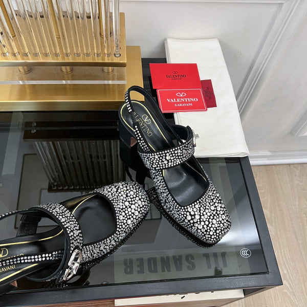 MARY-JANE VLOGO LOCKER SLINGBACK PUMPS BLACK SHEEPSKIN WITH 60MM CRYSTALS