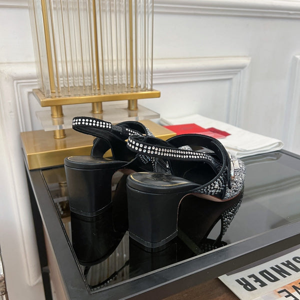 MARY-JANE VLOGO LOCKER SLINGBACK PUMPS BLACK SHEEPSKIN WITH 60MM CRYSTALS