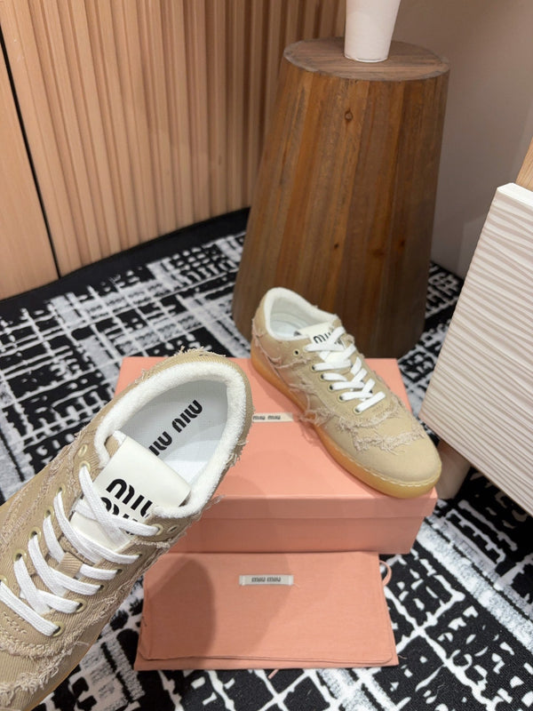 Miu Denim Sneakers In Light Brown Fabric