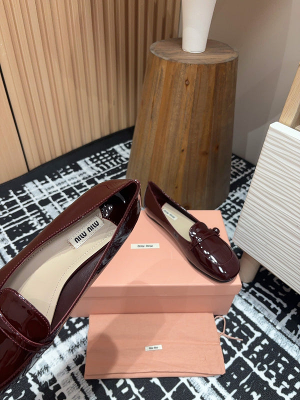 Miu Flat Shoes Dark Red Cowhide