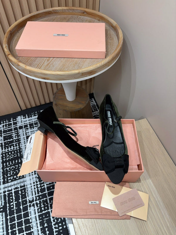 Miu Ballet Flat Dark Green And Black Velvet