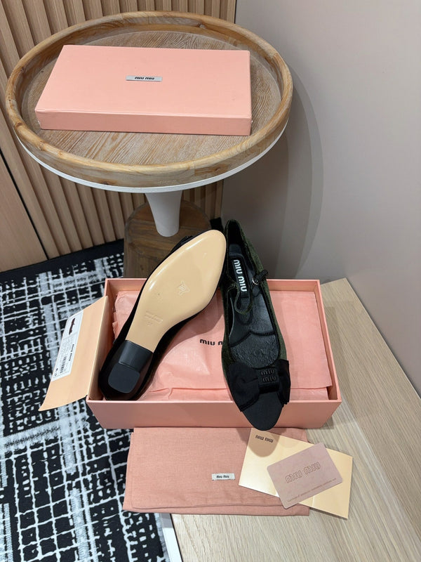 Miu Ballet Flat Dark Green And Black Velvet