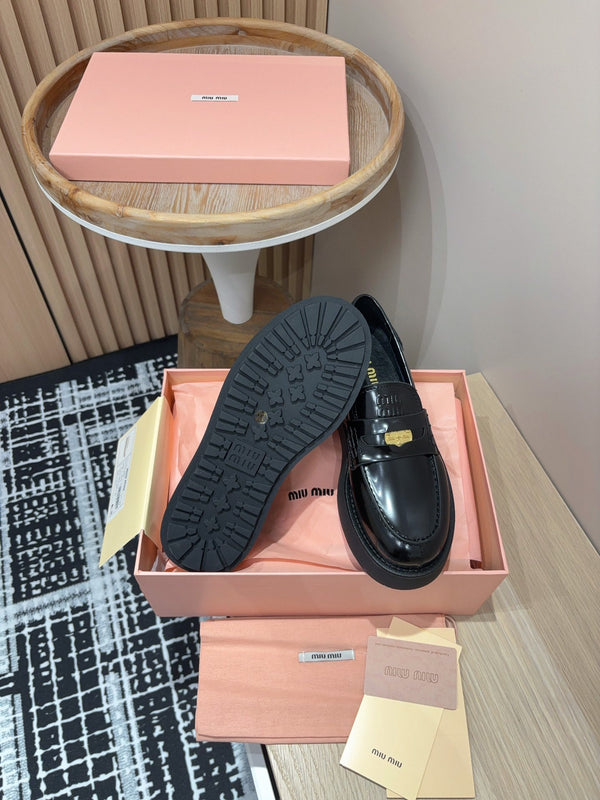 Miu Loafers Coin Shaped Thick Sole Glossy Black Cowhide