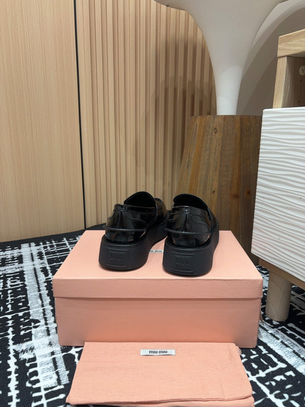 Miu Loafers Coin Shaped Thick Sole Glossy Black Cowhide