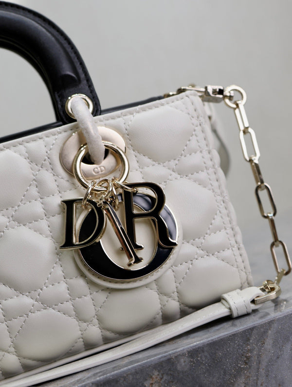Lady D-Joy Bag 22 White Black Lambskin