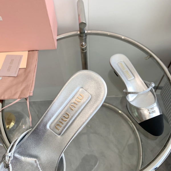 Miu Sandals Square Heel Shoes Silver Leather