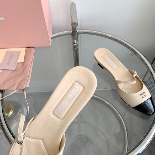 Miu Sandals Square Heel Shoes Beige Leather