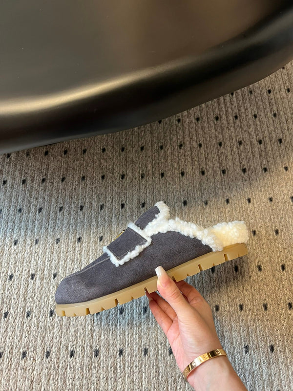 Pra Slippers Muted Gray Suede & Shearling 478564