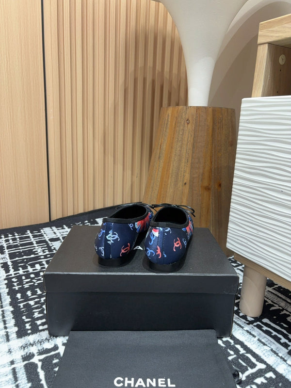 CC Ballet Flats Dark Blue Silk Flowers And Lambskin