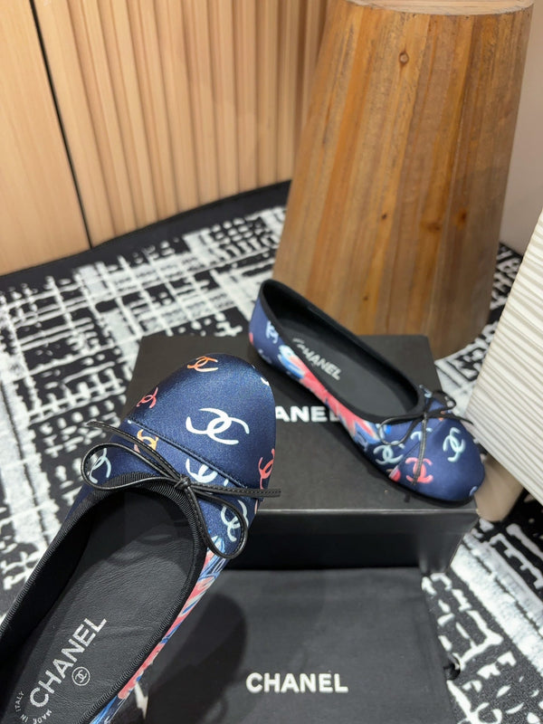 CC Ballet Flats Dark Blue Silk Flowers And Lambskin