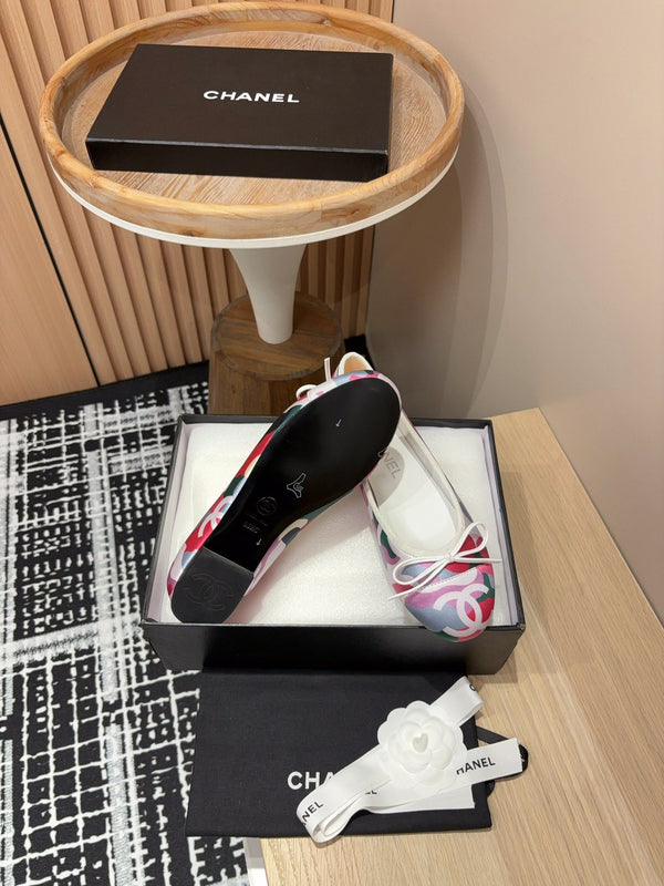 CC Ballet Flats White Pink Mix Blue Black Silk And Lambskin