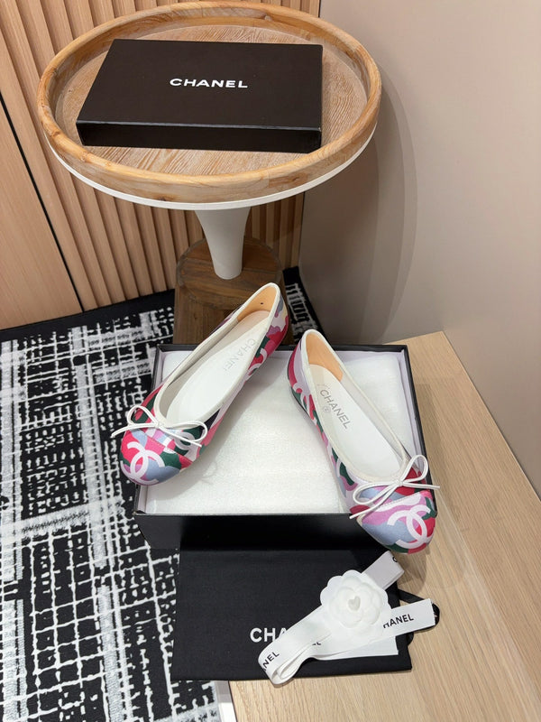 CC Ballet Flats White Pink Mix Blue Black Silk And Lambskin