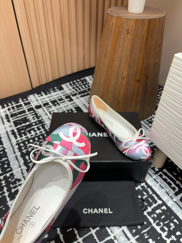 CC Ballet Flats White Pink Mix Blue Black Silk And Lambskin