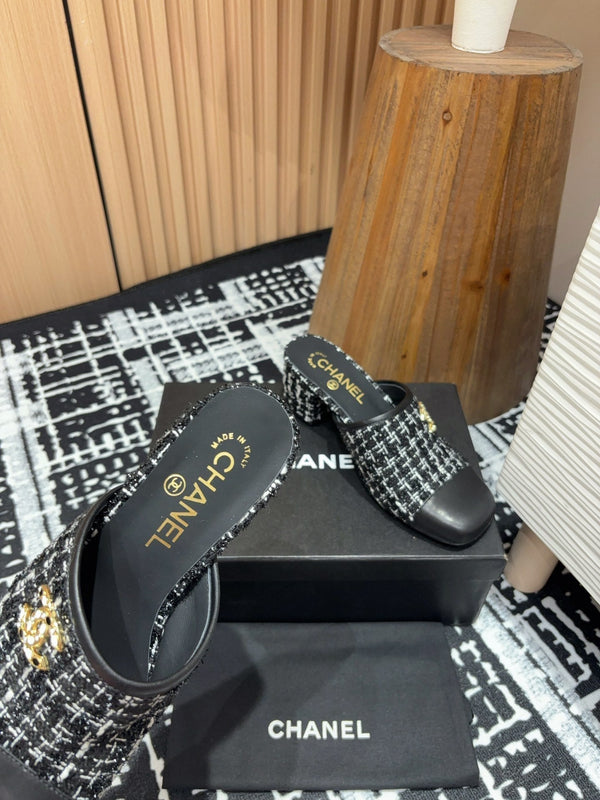 CC Mule 60mm in misto lana bianca e tweed nero e pelle di agnello