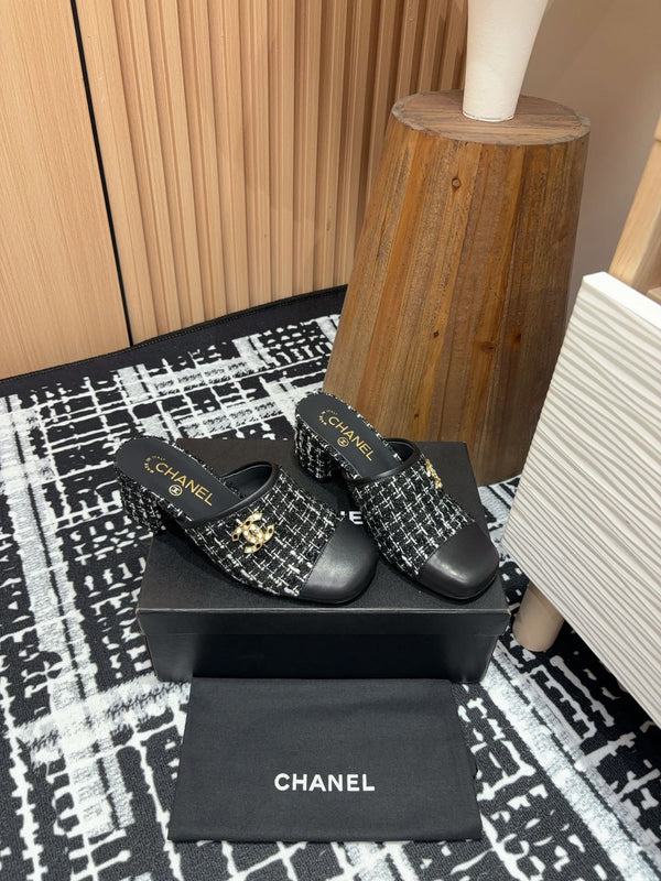 CC Mule 60mm in misto lana bianca e tweed nero e pelle di agnello