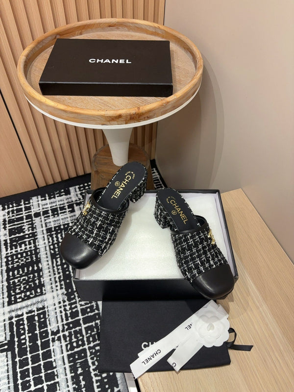 CC Mule 60mm in misto lana bianca e tweed nero e pelle di agnello