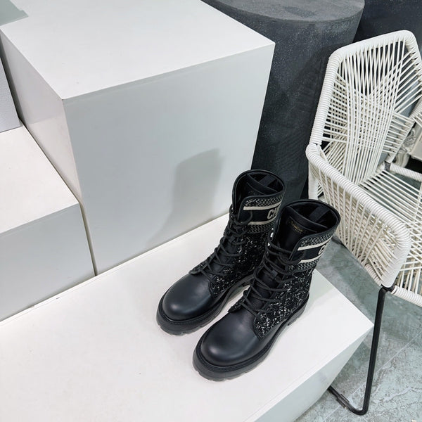 CD Major Ankle Boots Black White Calfskin And Fabric Canvas