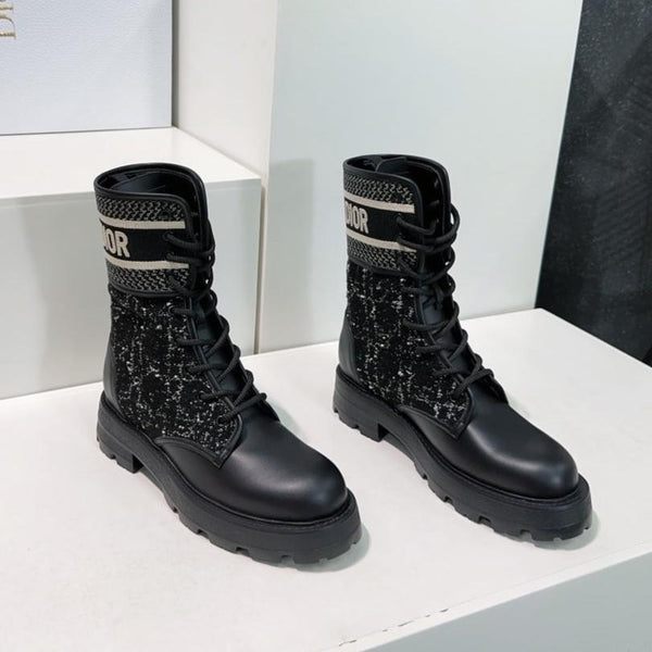 CD Major Ankle Boots Black White Calfskin And Fabric Canvas